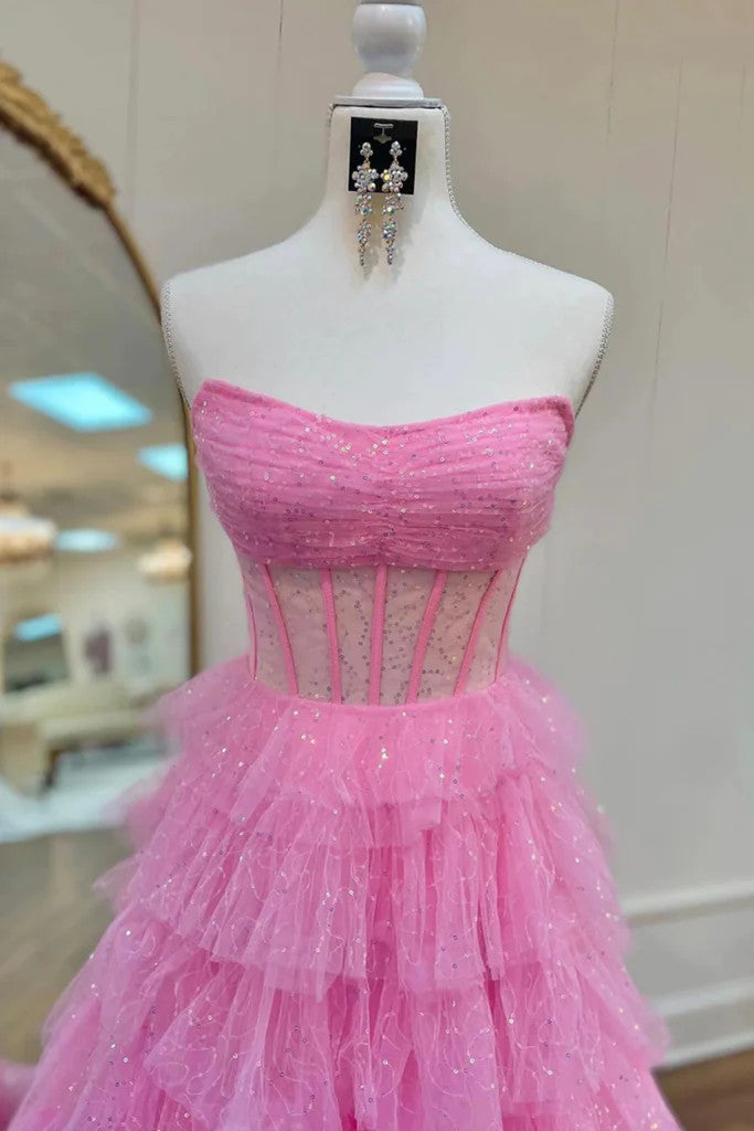 Shiny Princess Strapless Pink Tulle Long Prom Dresses, Pink Tulle Long Formal Evening Graduation Dresses