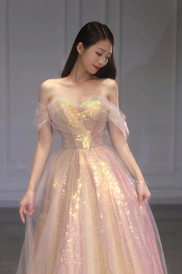 Shiny Sequins Tulle Long Prom Dresses, Off the Shoulder Tulle Formal Evening Dresses