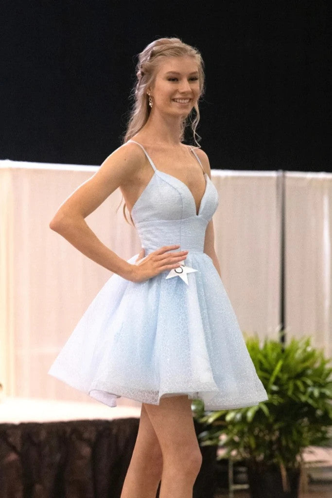 Short V Neck Light Blue Tulle Prom Dresses, V Neck Light Blue Formal Evening Homecoming Dresses