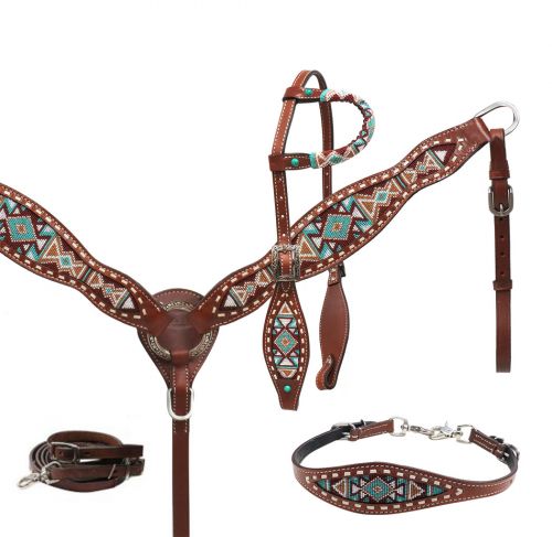 Showman Navajo Teal and Brown Beaded Headstall, Breast Collar, and Wither Strap Set