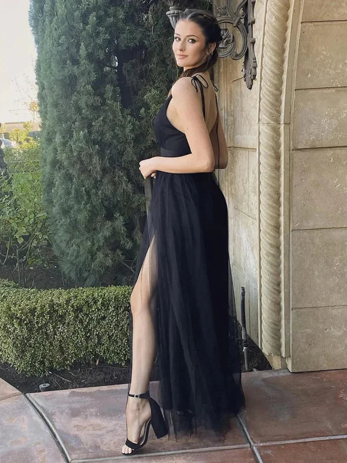 Simple V Neck Black Tulle Long Prom Dresses with Slit, Long Black Formal Graduation Evening Dresses