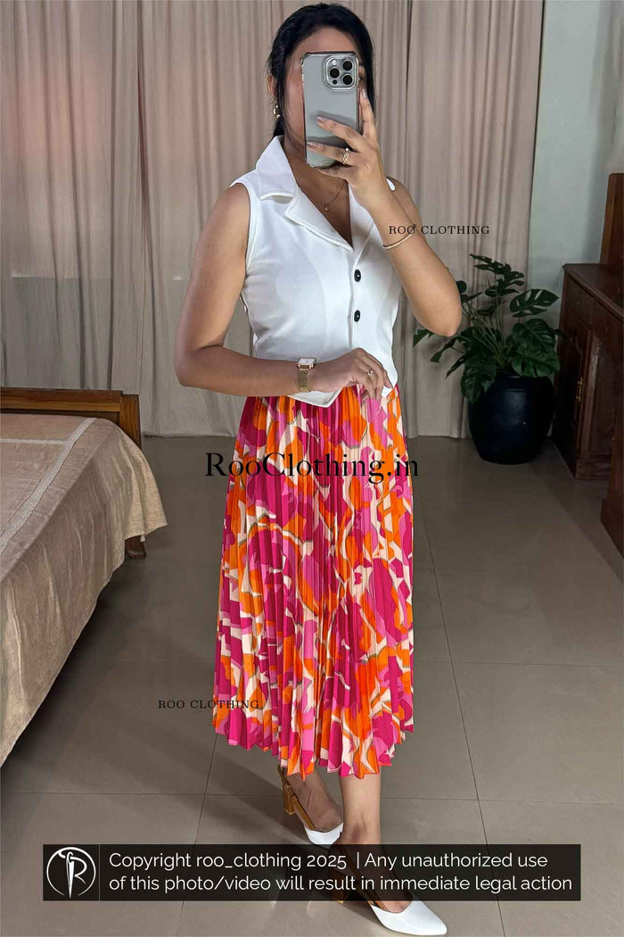 Sleeveless White Notch Collared Button-Up Crop Top