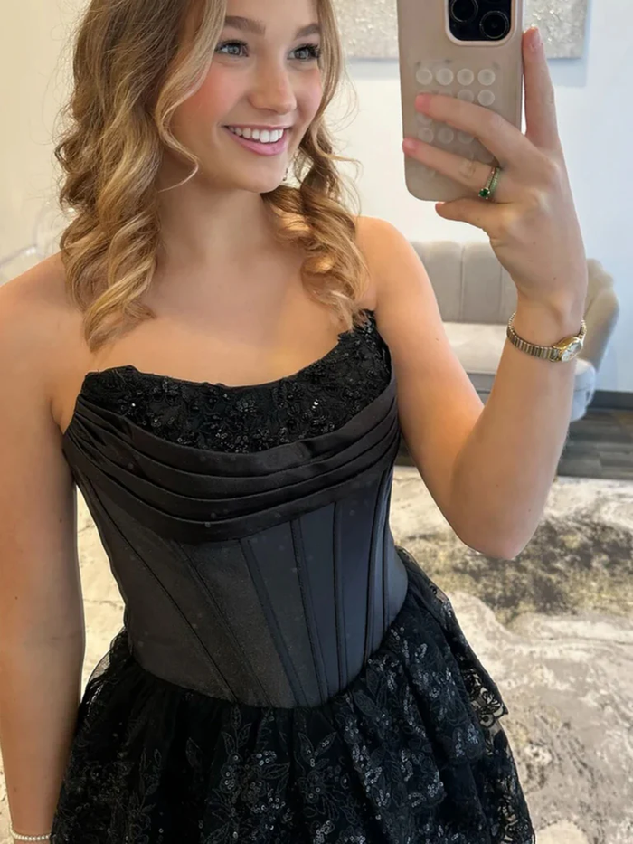 Strapless Layered Long Black Lace Prom Dresses, Strapless Layered Black Lace Formal Evening Dresses