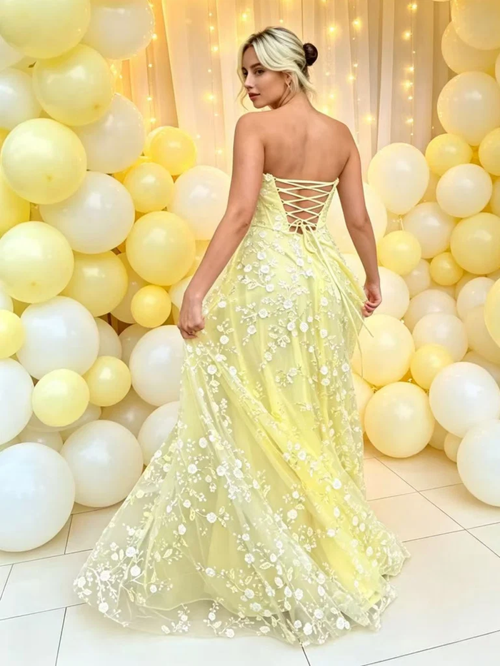 Strapless Yellow Lace Long Prom Dresses with Appliques,Yellow Formal Evening Graduation Dresses