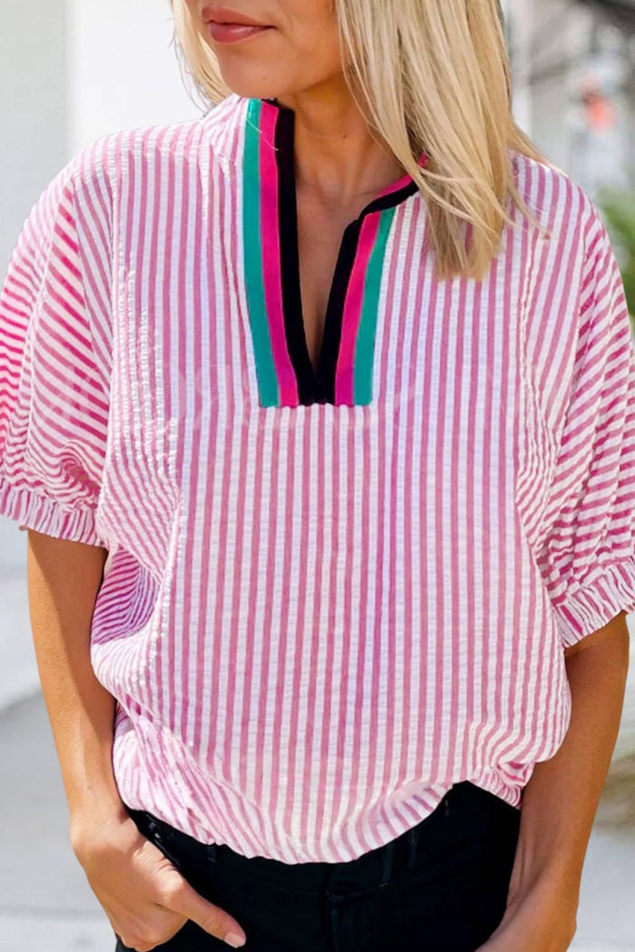 Strip Colorblock Short Sleeve Shift Blouse