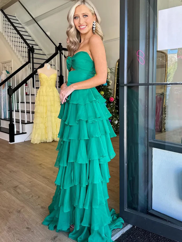 Sweetheart Green Layered Long Prom Dresses, Long Green Layered Formal Evening Dresses