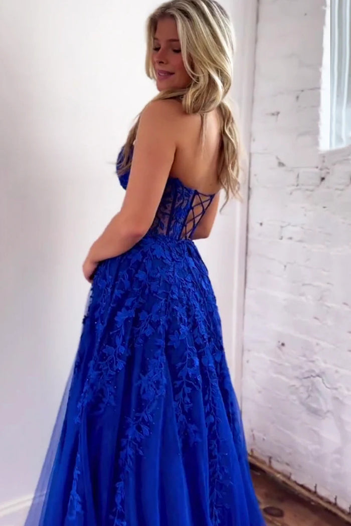 Sweetheart Neck Royal Blue Tulle Lace Long Prom Dresses, Lace Royal Blue Long Formal Evening Dresses
