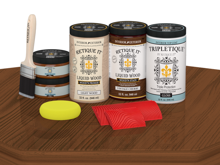 Retique It Wood'n Finish Kit with four large vintage cherry stain bottles and a gloss finish on a tabletop surface.