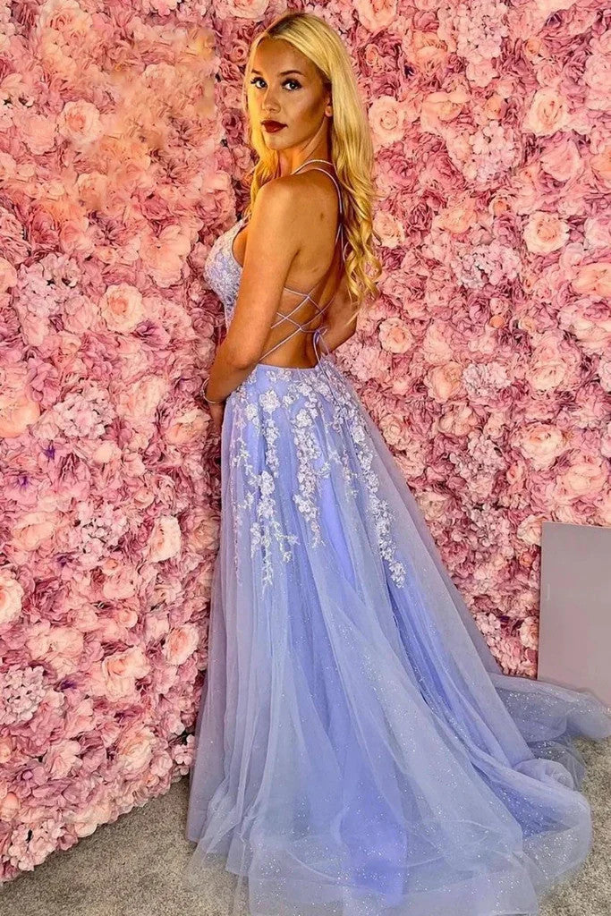 V Neck Backless Blue Tulle Long Prom Dresses with High Slit, Blue Lace Open Back Formal Evening Dresses