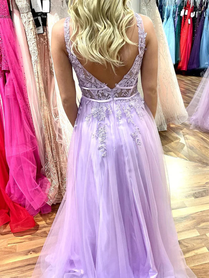 V Neck Backless Purple Lace Long Prom Dresses, V Neck Purple Long Lace Formal Evening Dresses