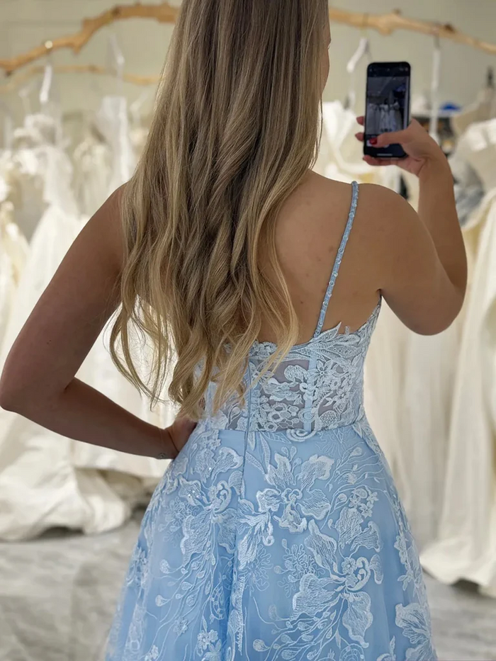 V Neck Blue Lace Prom Dresses, V Neck Light Blue Lace Floral Formal Evening Dresses