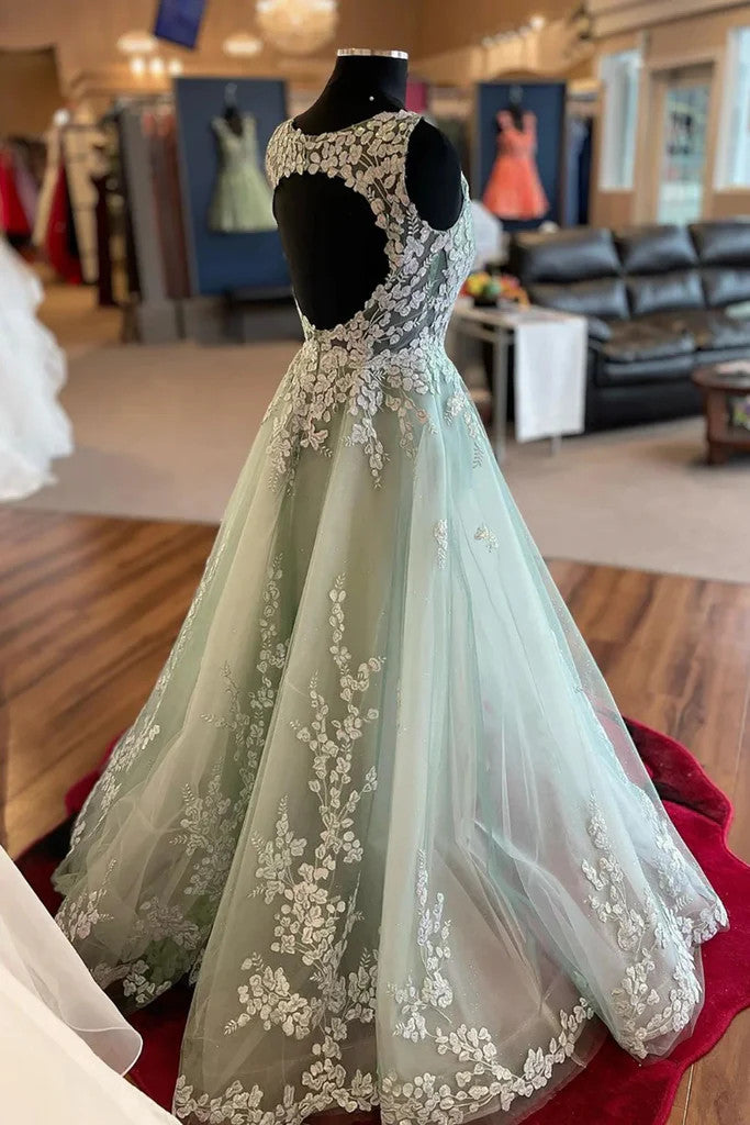 V Neck Champagne Lace Long Prom Dresses, Charming V Neck Champagne Evening Dresses with Lace Appliques