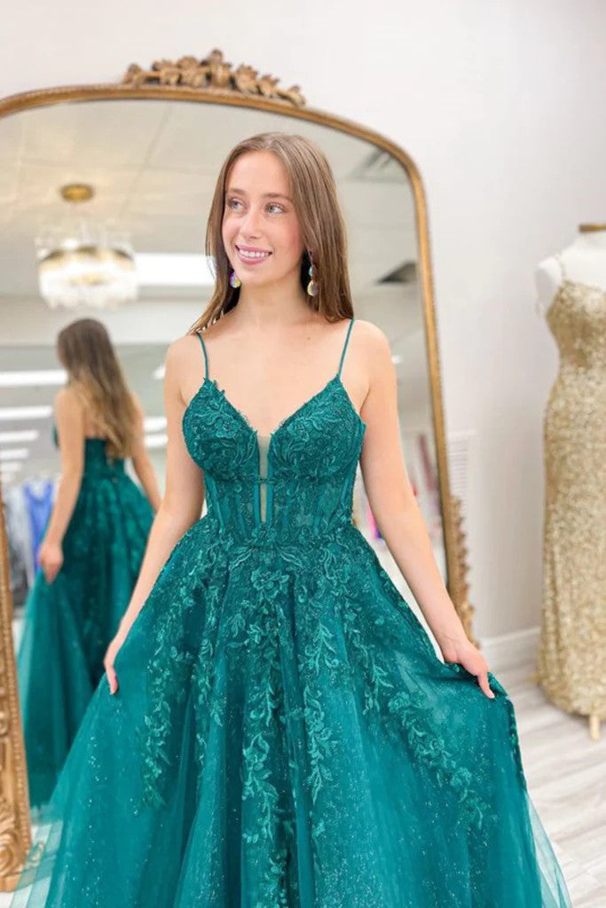 V Neck Green Lace Tulle Long Prom Dresses, V Neck Green Lace Tulle Long Formal Evening Dresses