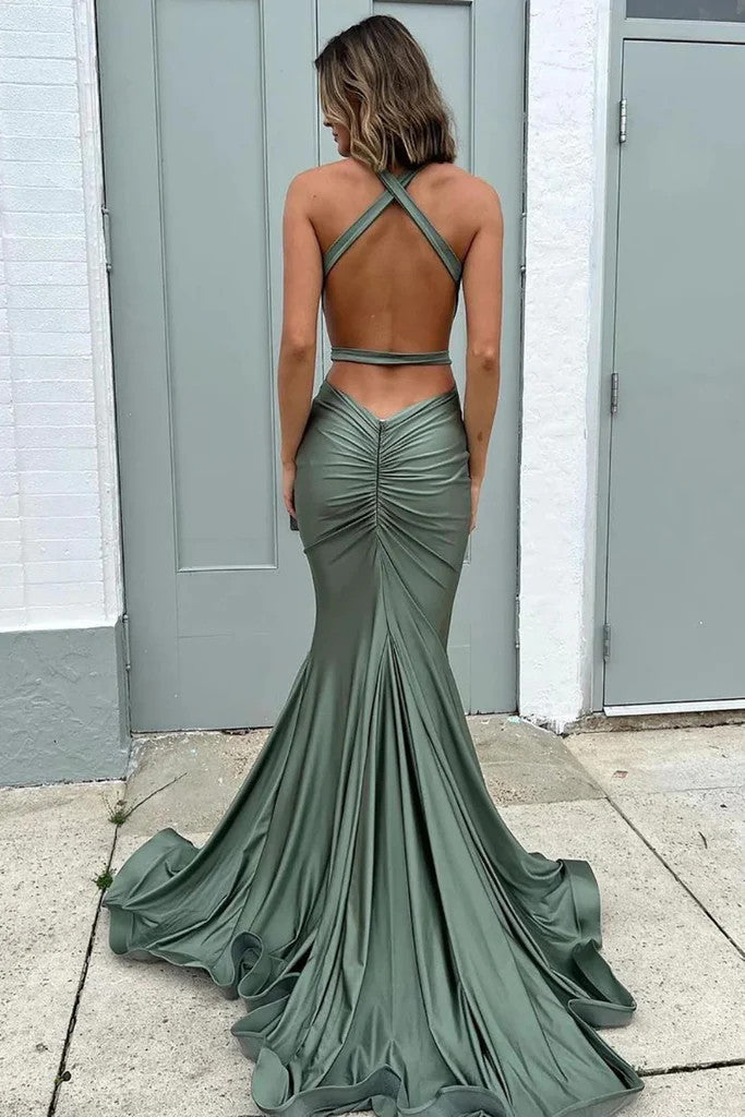 V Neck Mermaid Open Back Sage Long Prom Dresses, Sage Mermaid Backless Formal Evening Dresses