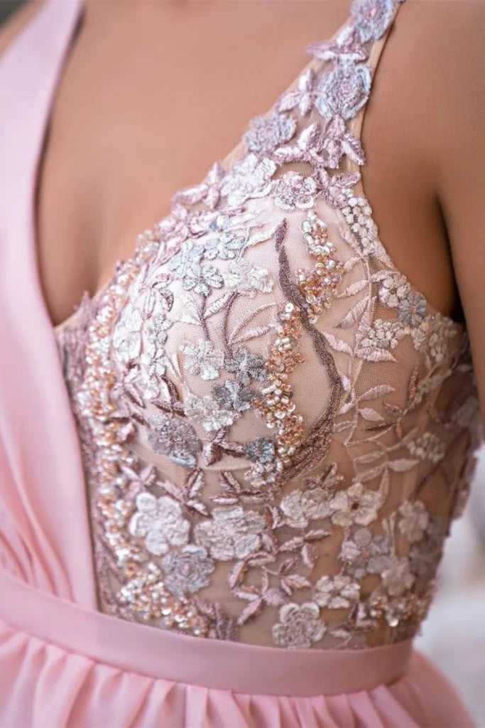 V Neck Pink Lace Long Prom Dresses with High Slit, V Neck Pink Chiffon Formal Evening Graduation Dresses