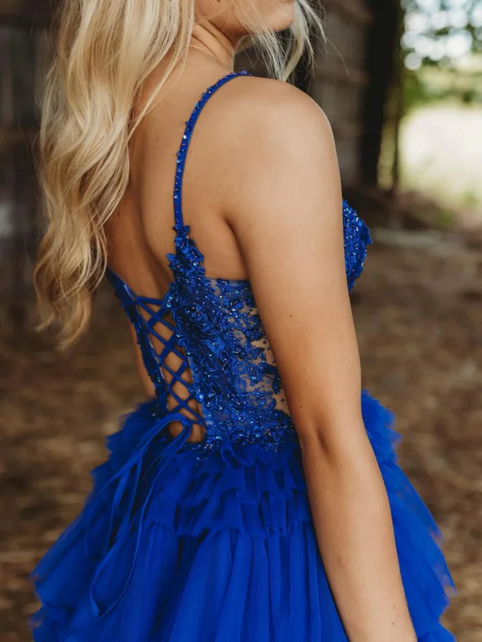 V Neck Royal Blue Lace Short Prom Dresses,Royal Blue Short V Neck Lace Formal Evening Graduation Dresses