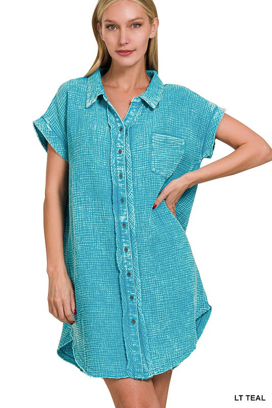 WASHED DOUBLE GAUZE BUTTON DOWN SHIRT DRESS
