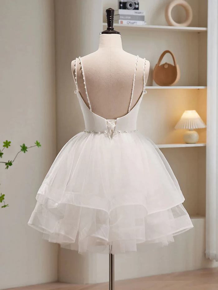 White V Neck Short Tulle Prom Dresses, Short White Tulle Homecoming Graduation Dresses