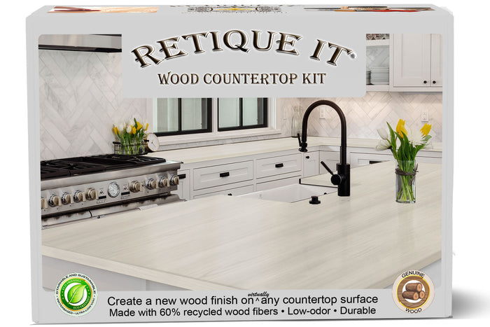 Retique It Wood'n Finish Countertop Kit with natural wood grain finish, including tools and materials for countertop refinishing.