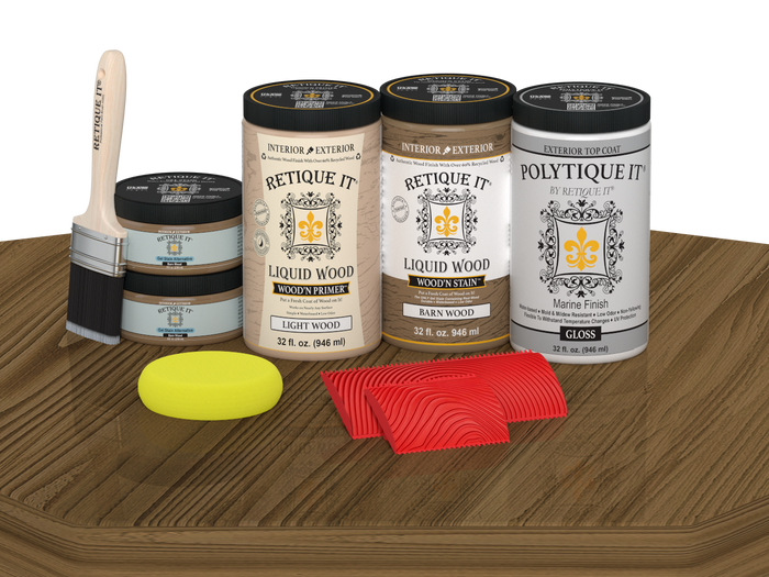 Retique It Barn Wood refinishing kit with product containers, brush, graining tools, and sponge.