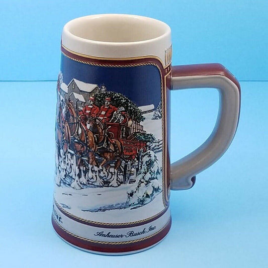 1989 Budweiser Stein Bud Christmas Holiday Ceramic Mug Hitch on a Winter Evening