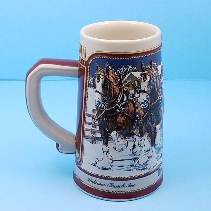 1989 Budweiser Stein Bud Christmas Holiday Ceramic Mug Hitch on a Winter Evening