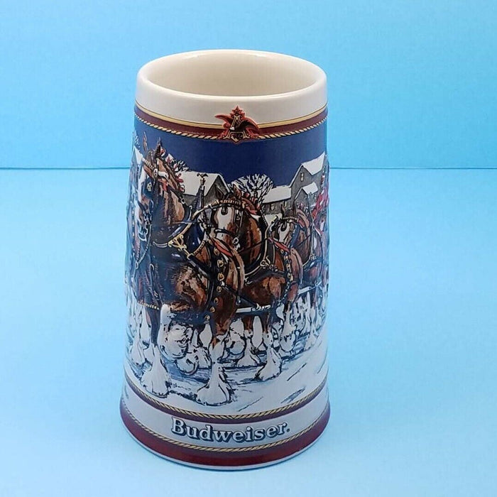1989 Budweiser Stein Bud Christmas Holiday Ceramic Mug Hitch on a Winter Evening