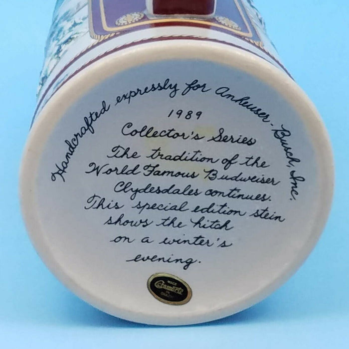 1989 Budweiser Stein Bud Christmas Holiday Ceramic Mug Hitch on a Winter Evening