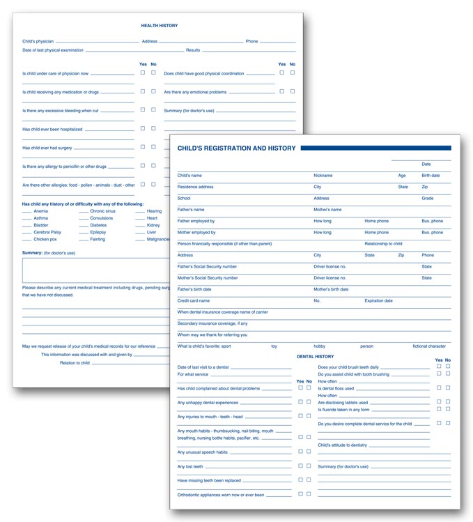 21022 Dental Child Registration and History Forms 2 Sided 8 1/2 x 11" QTY 250