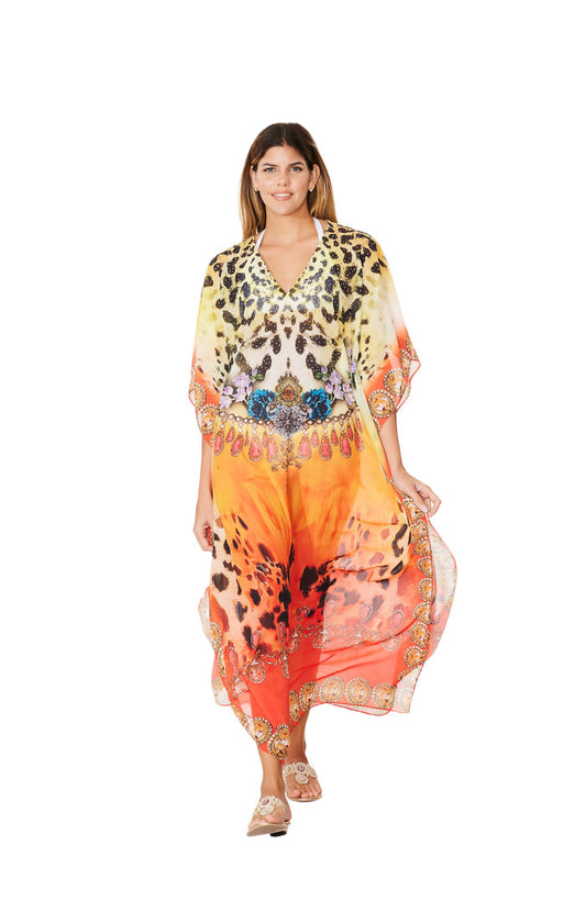 289 Orange Animal Print long kaftan
