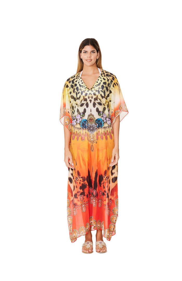 289 Orange Animal Print long kaftan