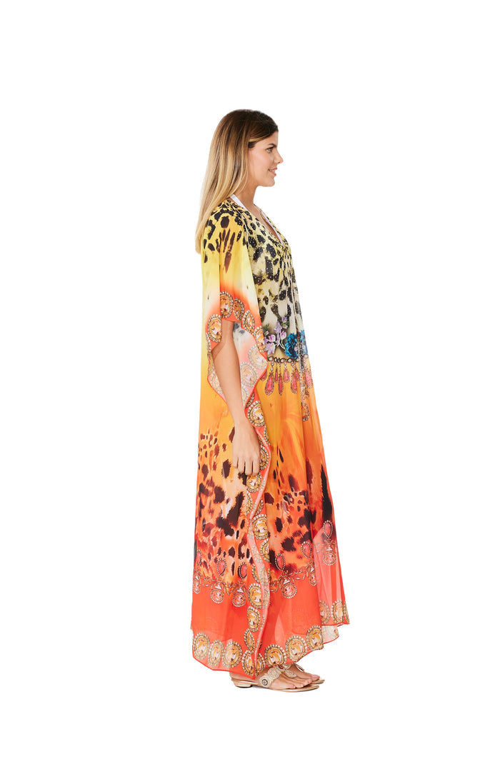 289 Orange Animal Print long kaftan