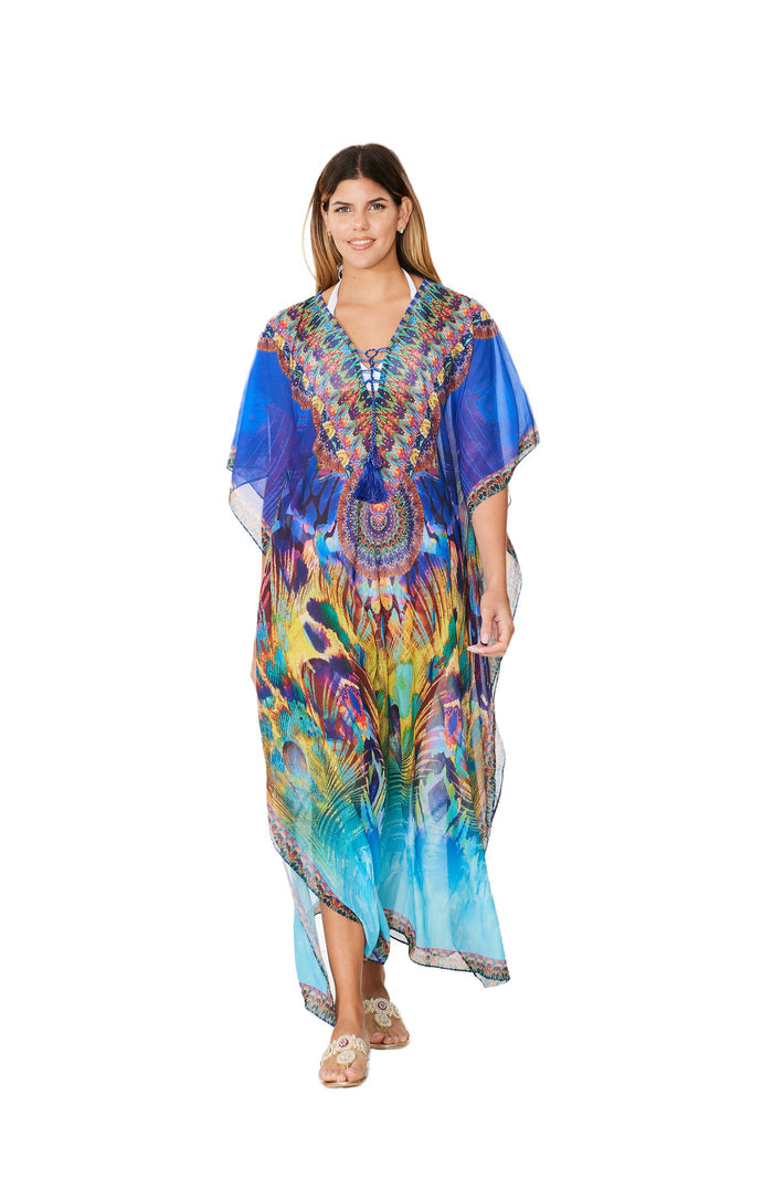 503 Blue Peacock Print long kaftan