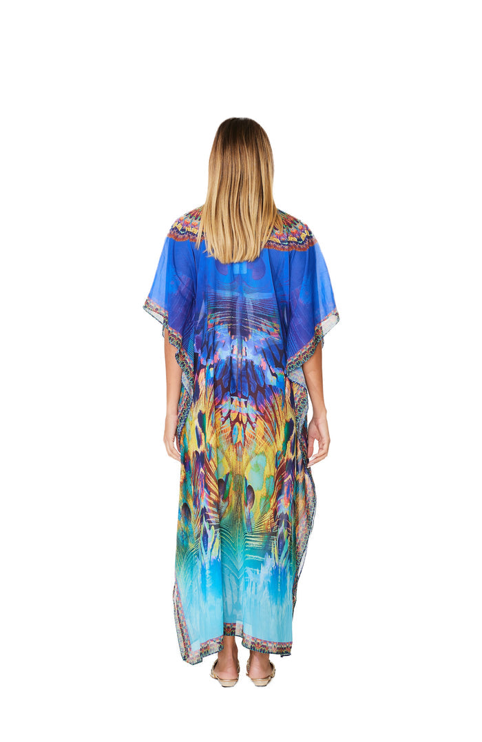 503 Blue Peacock Print long kaftan