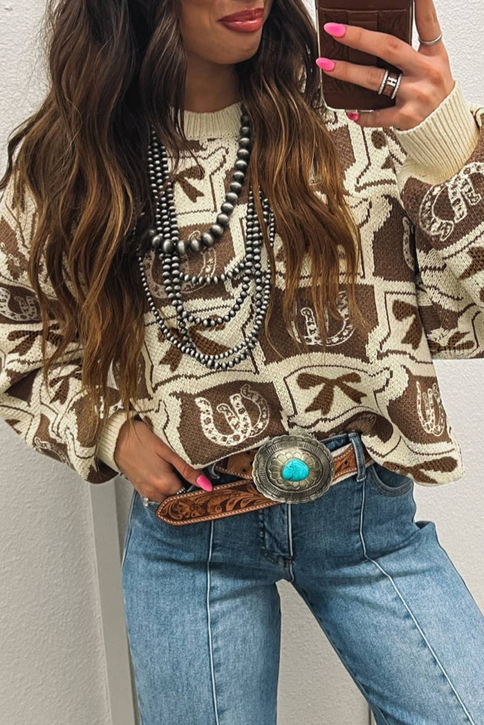 66DISCO - 66 Bows Horseshoes Pattern Western Plus Size Sweater (S-4X): Blue / XL