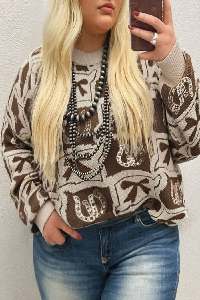 66DISCO - 66 Bows Horseshoes Pattern Western Plus Size Sweater (S-4X): Blue / XL