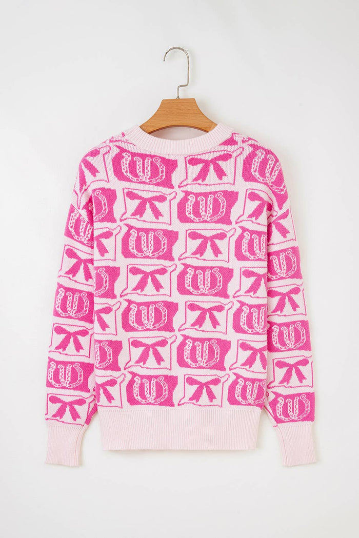 66DISCO - 66 Bows Horseshoes Pattern Western Plus Size Sweater (S-4X): Blue / XL