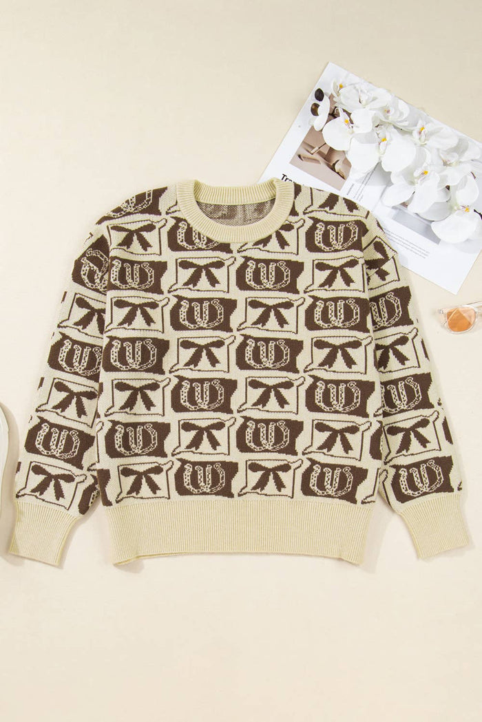 66DISCO - 66 Bows Horseshoes Pattern Western Plus Size Sweater (S-4X): Blue / XL