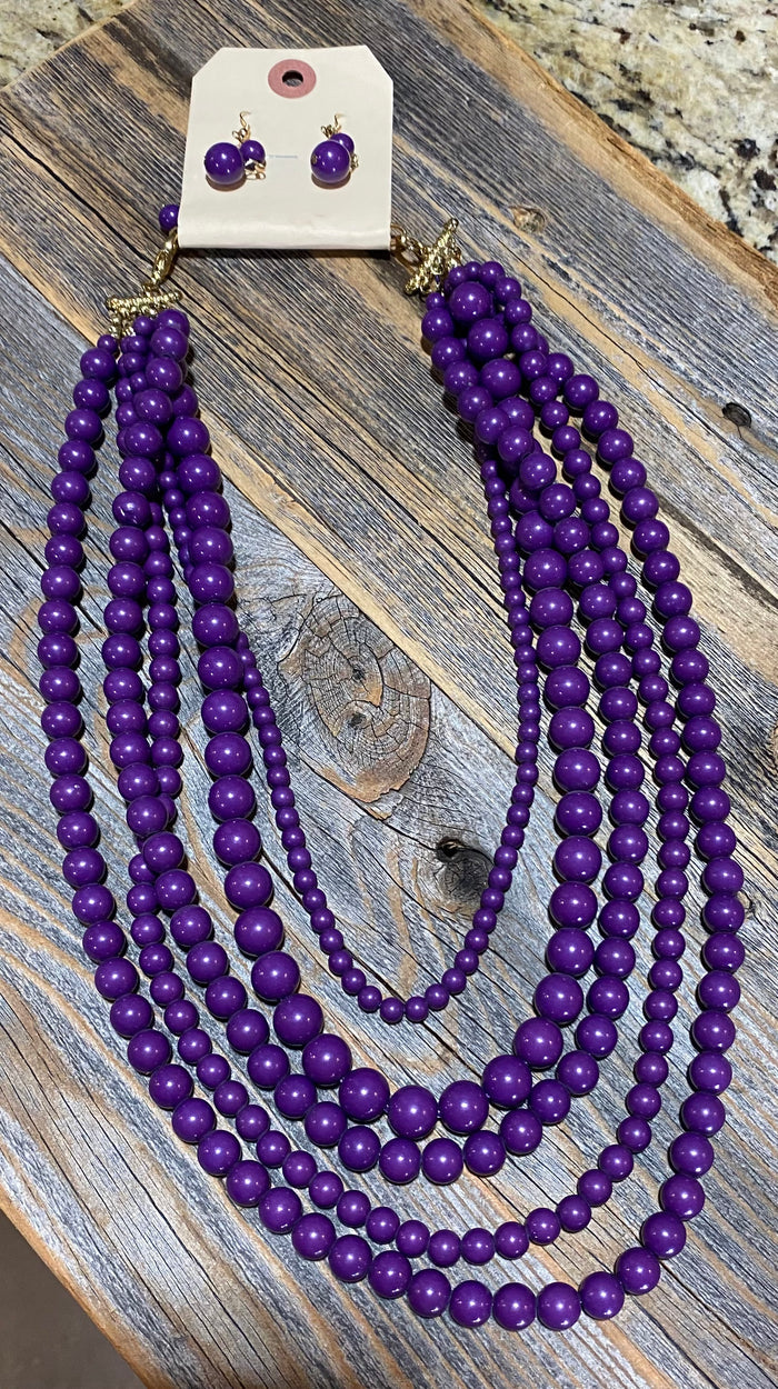 Purple Beaded Necklace & Earring Set