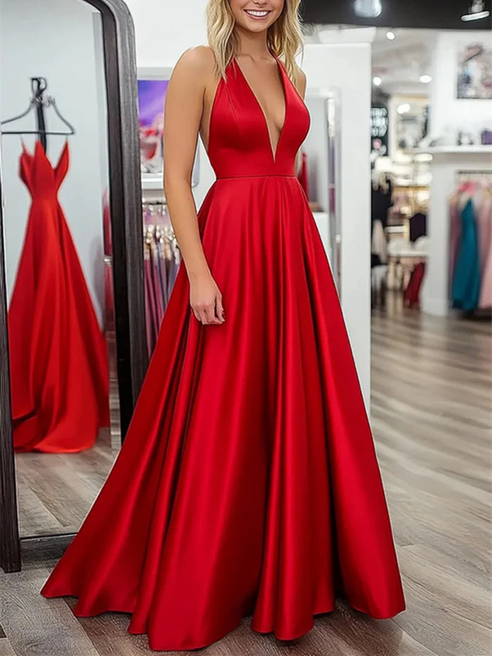 A Line Deep V Neck Red Satin Long Prom Dresses, V Neck Red Formal Evening Dresses