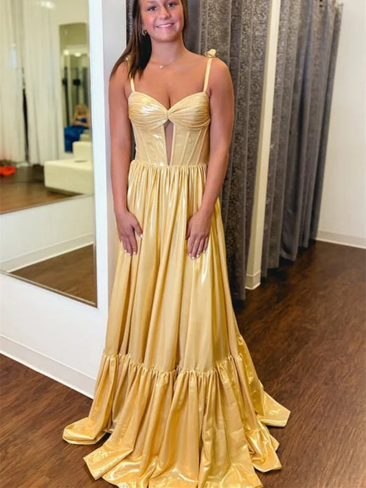 A Line Open Back Yellow Satin Long Prom Dresses, Long Backless Yellow Formal Graduation Evening Dresses