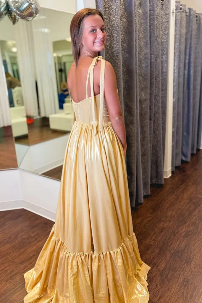 A Line Open Back Yellow Satin Long Prom Dresses, Long Backless Yellow Formal Graduation Evening Dresses