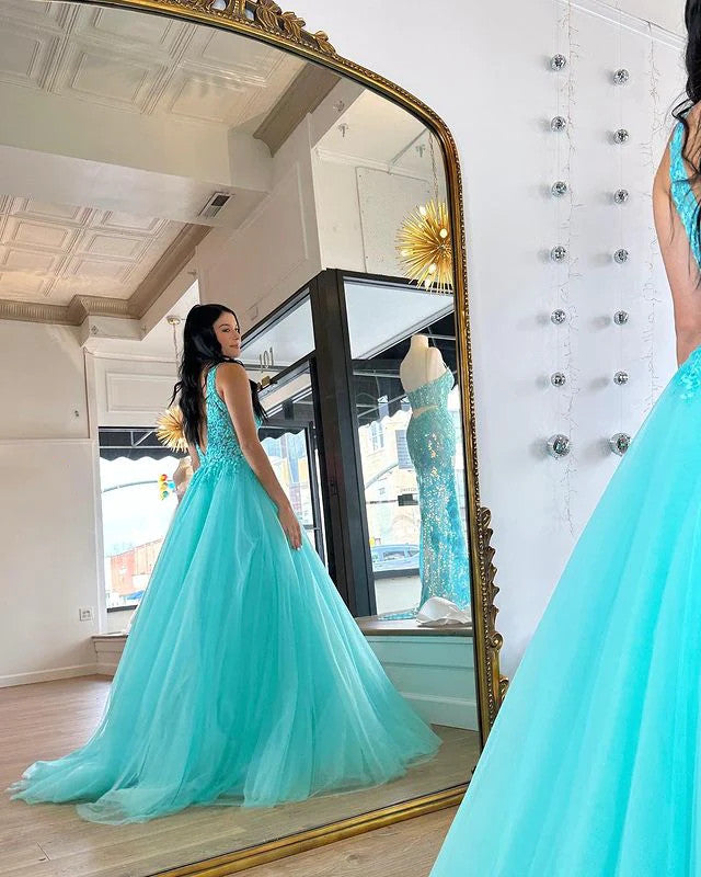 A Line V Neck Arctic Blue Lace Tulle Long Prom Dresses,  Blue Tulle Lace Formal Evening Dresses