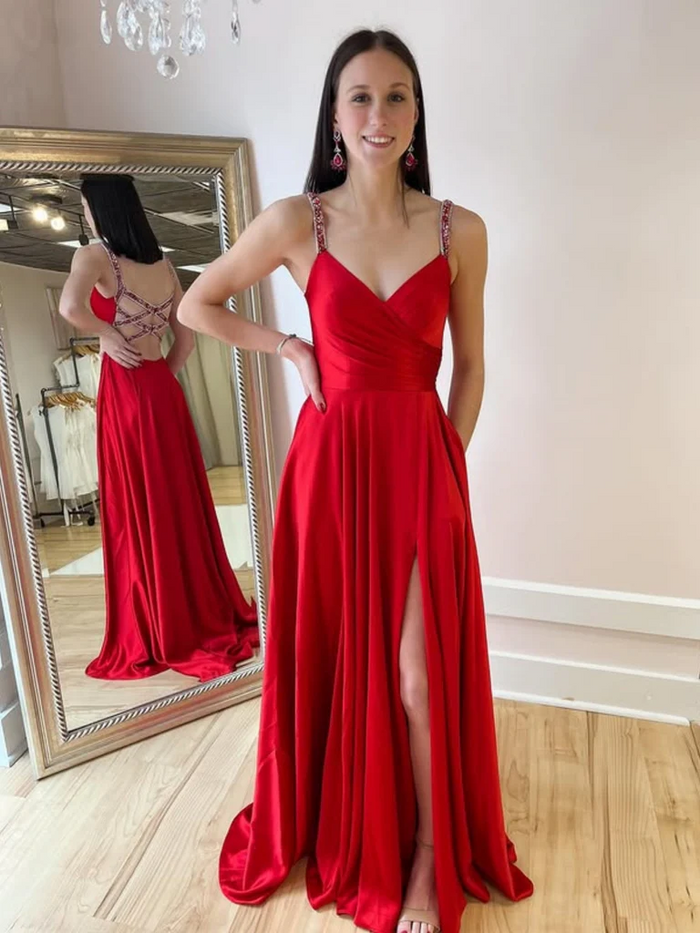 A Line V Neck Backless Red Long Prom Dresses with High Slit, V Neck Open Back Red Formal Evening Dresses