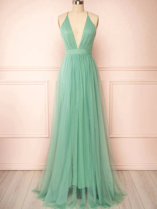 A Line V Neck  Backless Sage Tulle Long Prom Dresses,  Sage Open Back Formal  Evening Graduation Dresses