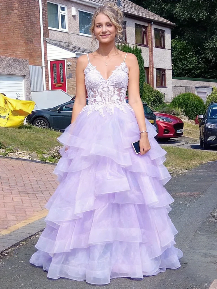 A Line V Neck Layered Lilac Lace Long Prom Dresses, Lilac Lace Formal Evening Dresses