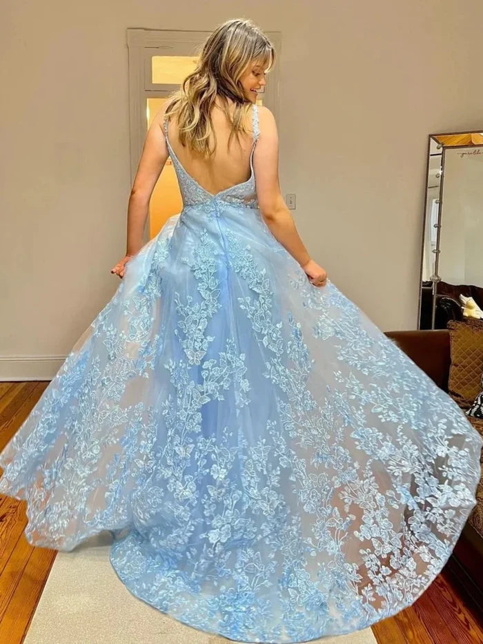 A Line V Neck Light Blue Lace Long Prom Dresses, Light Blue Floral Formal Graduation Evening Dresses