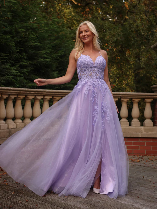 A Line V Neck Lilac Lace Long Prom Dresses with Slit, Lilac Lace Formal  Evening Dresses