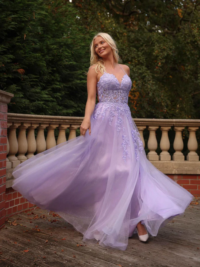 A Line V Neck Lilac Lace Long Prom Dresses with Slit, Lilac Lace Formal  Evening Dresses