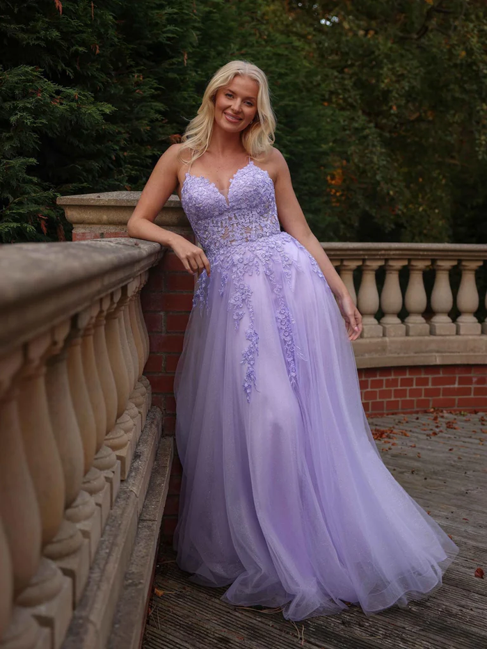 A Line V Neck Lilac Lace Long Prom Dresses with Slit, Lilac Lace Formal  Evening Dresses
